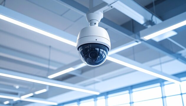 Dome Security Camera with Surveillance, Indoors, Office Ceiling, Protection, CCTV, and Safety.