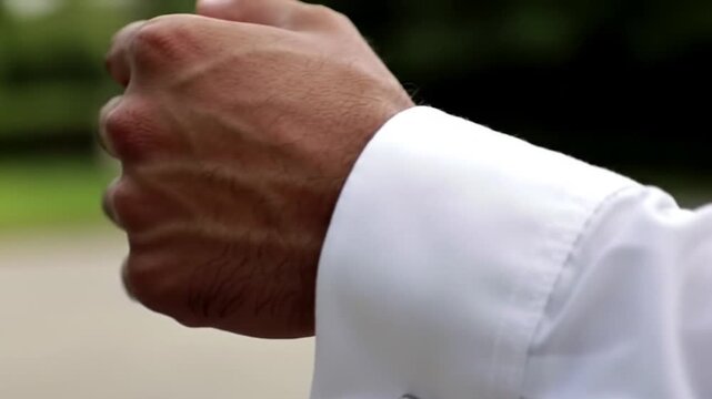 Closeup of a mans clenched fist with prominent veins, wearing a white thobe sleeve