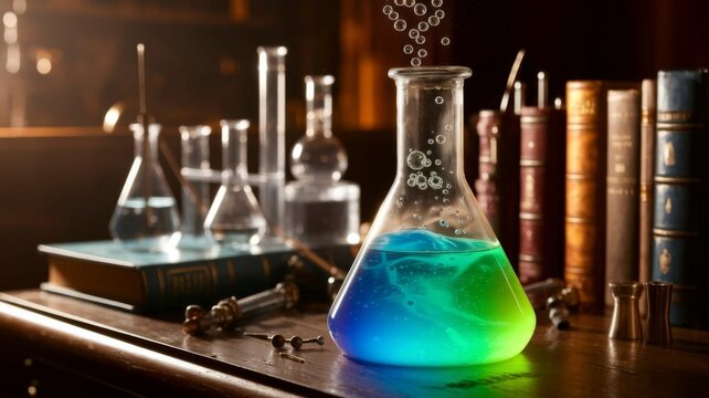Glowing chemical potion in vintage laboratory with books and glass flasks