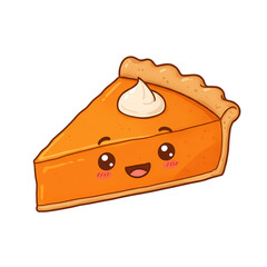 Cute cartoon pumpkin pie slice with whipped cream and a happy face on transparent background