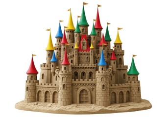 Fototapeta premium Detailed sand castle with colorful flags isolated on white background