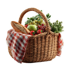 Wicker picnic basket overflows with food, draped cloth