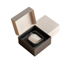 Open square gift box, interior cushion, neutral tones, angled shot