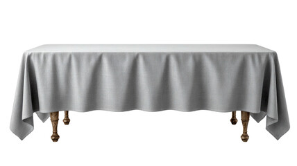 Rectangular table covered in draped white fabric with dark wood legs