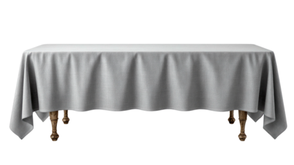 Rectangular table covered in draped white fabric with dark wood legs
