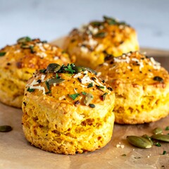 Fototapeta premium Close-up of four freshly baked golden pastries with toppings and seeds