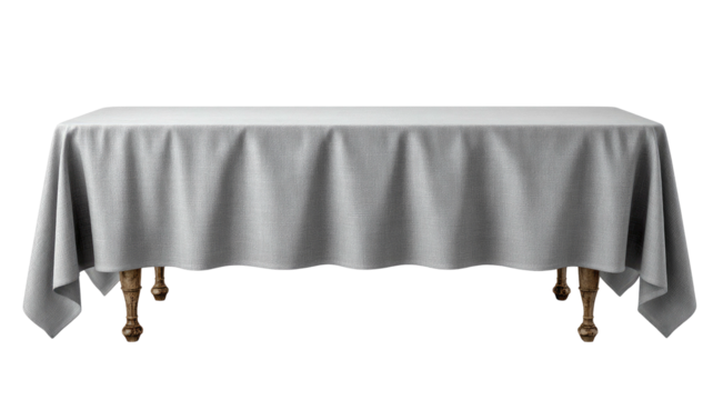 Rectangular table covered in draped white fabric with dark wood legs