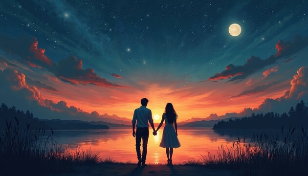 Couple holds hands at sunset. Lovers enjoy skyline. Woman and man watch sun together at sea nature shore. Romantic date under moonlight on valentine evening with landscape.