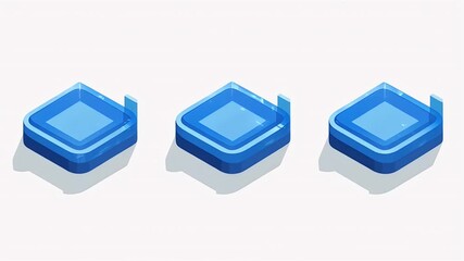 Three isometric blue geometric objects with shadows are arranged on a white background. They appear to be glossy, with raised square centers