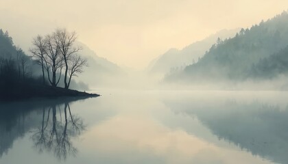 Fototapeta premium Early morning mist covers calm lake surface. Water perfectly reflects bare trees on small bank. Fog covered mountains rise above dense forest in background. Serene natural landscape creates tranquil