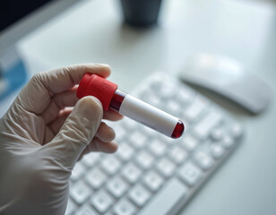 Medical worker in white glove holds red-capped blood sample tube. Specimen for lab analysis, used in diagnosis of various health conditions. Represents medical research, clinical trials, healthcare.