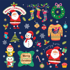Christmas set of Christmas symbols, icons, elements and decoration. Santa Claus, Christmas tree, penguin, snowman, cute objects and others. Vector illustration.