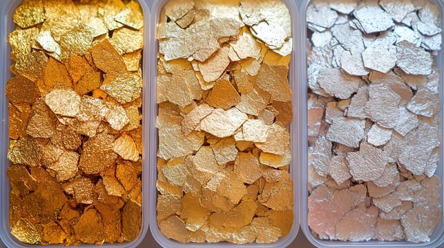 Gold, Rose - Gold and Silver Leaf Flakes in Containers for Art and Craft Projects