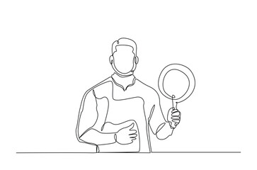 Chef holds frying pan in continuous one line drawing. Single line art illustration of professional chef ready to cooking. Editable vector.