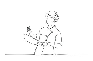Chef holds frying pan in continuous one line drawing. Single line art illustration of professional chef ready to cooking. Editable vector.