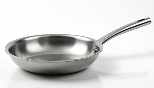 Empty stainless steel frying pan with long handle isolated on white background. Clean shiny metal skillet for cooking food. Pro kitchen utensil, modern cookware equipment for household. Round cooking