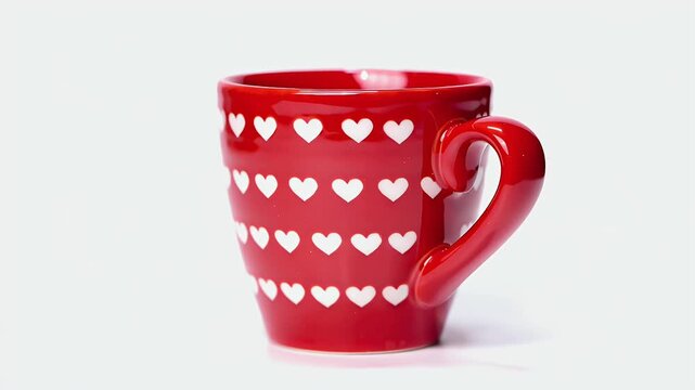 Bright Red Ceramic Mug Covered in White Heart Pattern on White Background