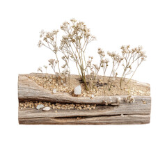 Dried flowers in driftwood with sand, isolated on black backdrop