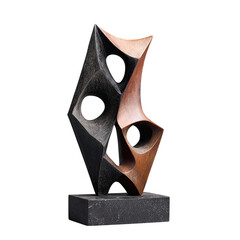 Abstract sculpture, geometric forms, dark & bronze, pedestal