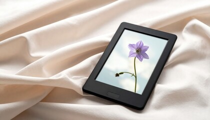 Modern e-reader displaying a vibrant purple flower on its screen, elegantly placed on soft, flowing cream fabric, creating a serene blend of technology and natural beauty