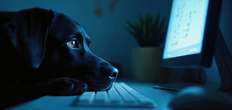 Black dog intently watches computer screen. Pet rests on desk near keyboard, mouse. Eyes glow from bright monitor light. Animal explores digital info, uses electronics, works late at home. Smart - Powered by Adobe