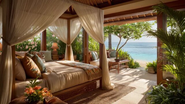 Tropical beachfront bedroom with ocean view