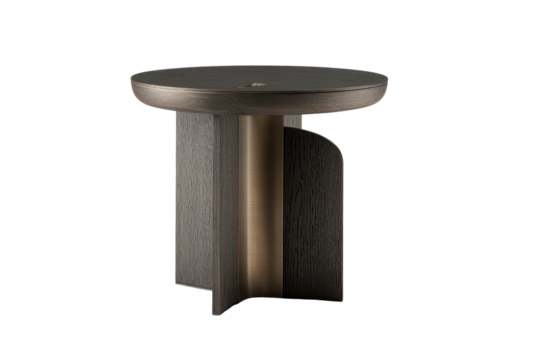 Round accent table with dark wood and metallic support
