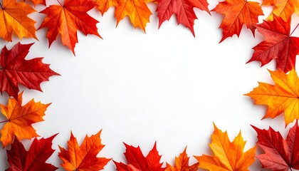 Fototapeta premium A bright white space framed by colorful fall maple leaves in shades of red, orange, and yellow