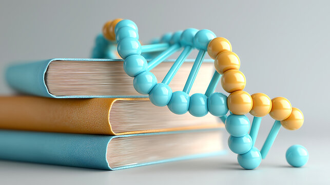 A stack of books topped with a DNA model, representing knowledge, scientific learning, and academic exploration in biology and genetics.