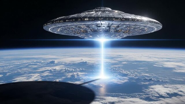 Ufo hovering over earth with a beam of light