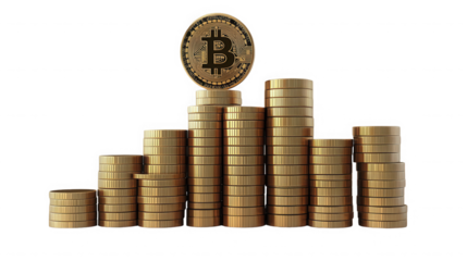 Bitcoin cryptocurrency coin sitting atop stacks of gold coins on transparent background