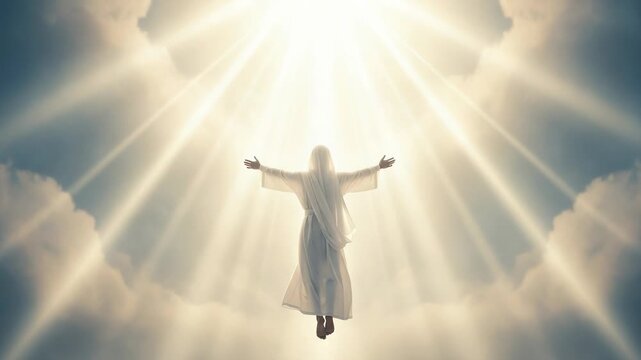 Jesus ascending to heaven with arms outstretched in bright light