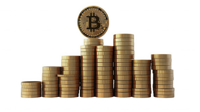 Bitcoin cryptocurrency coin sitting atop stacks of gold coins on transparent background