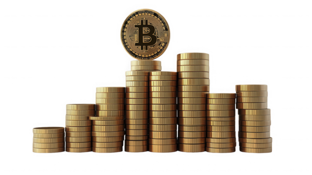Bitcoin cryptocurrency coin sitting atop stacks of gold coins on transparent background - Powered by Adobe