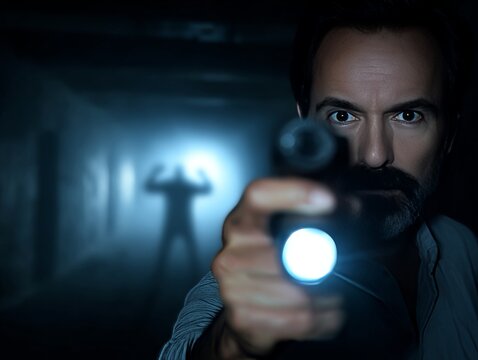 Man holding flashlight illuminating monster shadow in dark hallway - Powered by Adobe