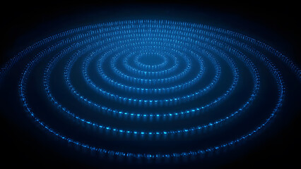A digital illustration features concentric blue circles of varying brightness against a dark blue background