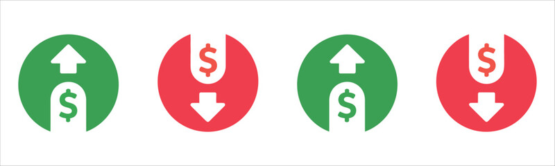 Dynamic Financial Icon Set Vector Illustration. Featuring Dollar Up Symbol, Money Down Icon, and Price Low Arrow Sign in Flat Style for Business and Stock Market Graphics.