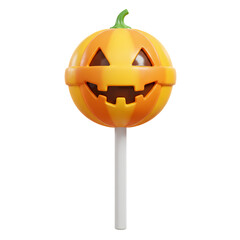 Halloween pumpkin lollipop with orange stripes and a smiling face on transparent background