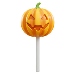 Halloween pumpkin lollipop with a smiling face on a stick against a black backdrop on transparent background