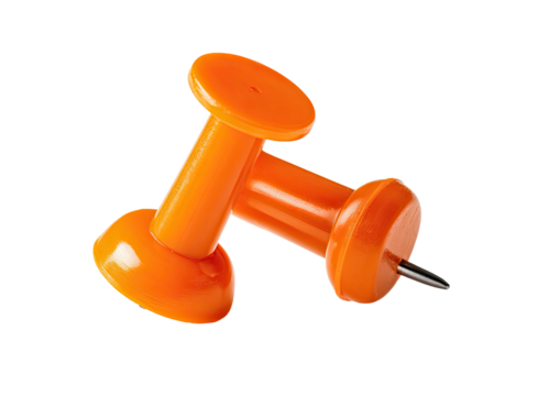 Two orange pushpins, one leaning on the other