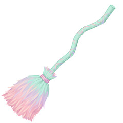 Pastel witch broom with pink and blue bristles for magical cleaning concepts on transparent background