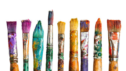 Array of well-used paintbrushes with colorful dried paint against black