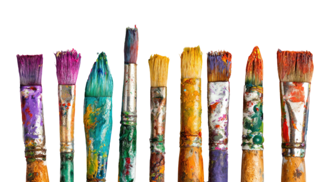 Array of well-used paintbrushes with colorful dried paint against black - Powered by Adobe