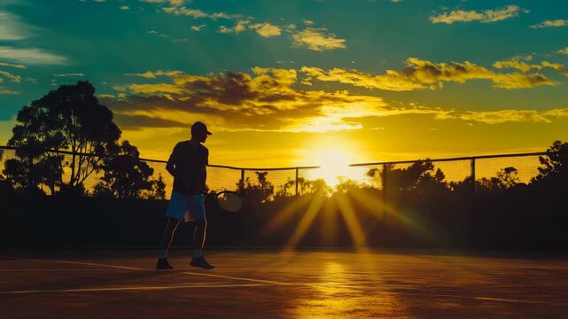 Silhouette of tennis player at sunset court - Powered by Adobe