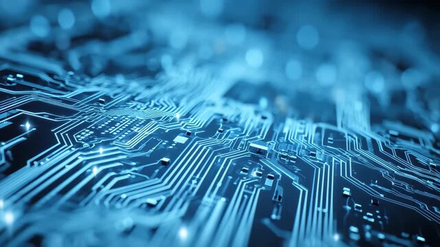 Abstract digital circuit board design showcasing intricate technology patterns on a blue background for modern applications in electronics and computing systems