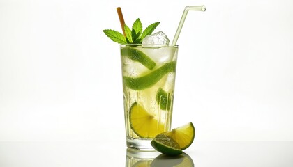 Fototapeta premium Mojito cocktail with fresh lime mint ice cubes. Refreshing alcoholic summer drink in glass. Isolated on white background. Illustration for cafe bar menu. Healthy beverage design.