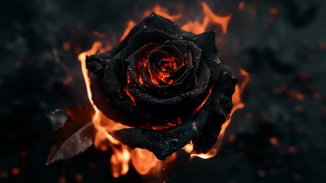 Black rose burning from inside with flames