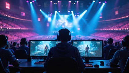 View from behind of esports players in headphones competing in stadium. Gamers focus on screens with game characters. Crowd watches, bright spotlights illuminate arena. Intense virtual competition.