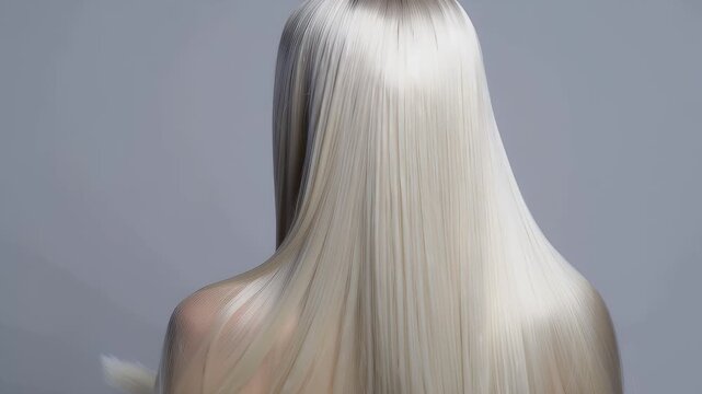 Close-up portrayal of flowing platinum blonde hair with silky, radiant strands