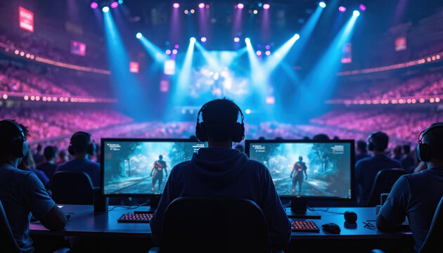 View from behind of esports players in headphones competing in stadium. Gamers focus on screens with game characters. Crowd watches, bright spotlights illuminate arena. Intense virtual competition.
